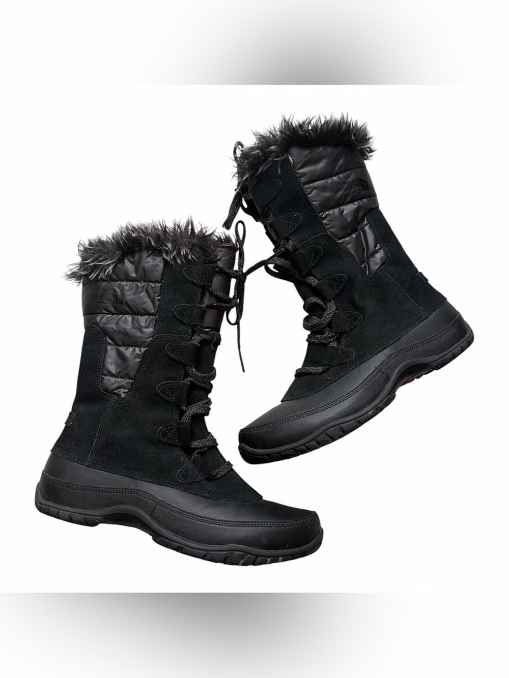 The North Face Nuptse Purna Black Faux Fur Waterproof Black Winter Boots Sz 7